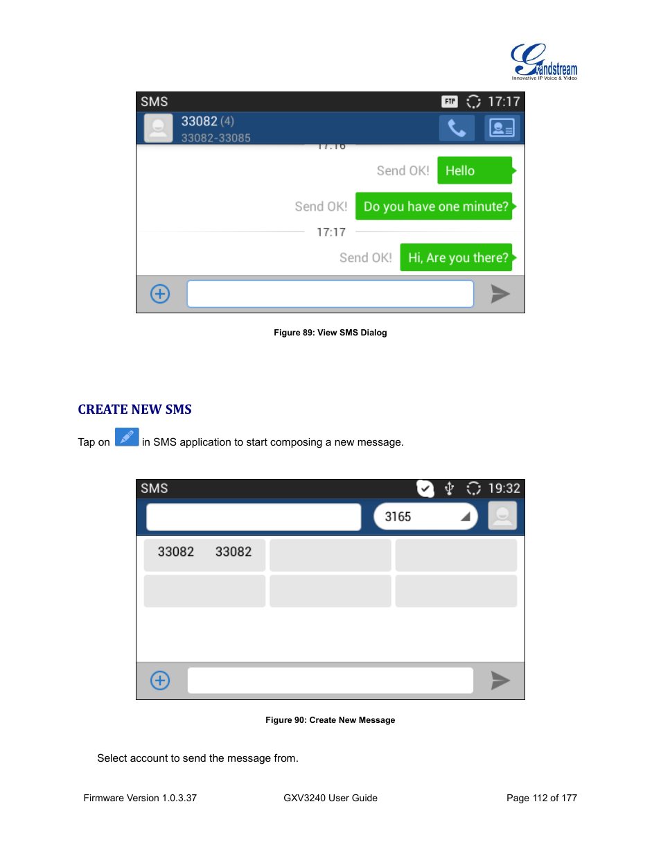 Create new sms, Figure 89: view sms dialog, Figure 90: create new message | Grandstream GXV3240 User Guide User Manual | Page 114 / 179