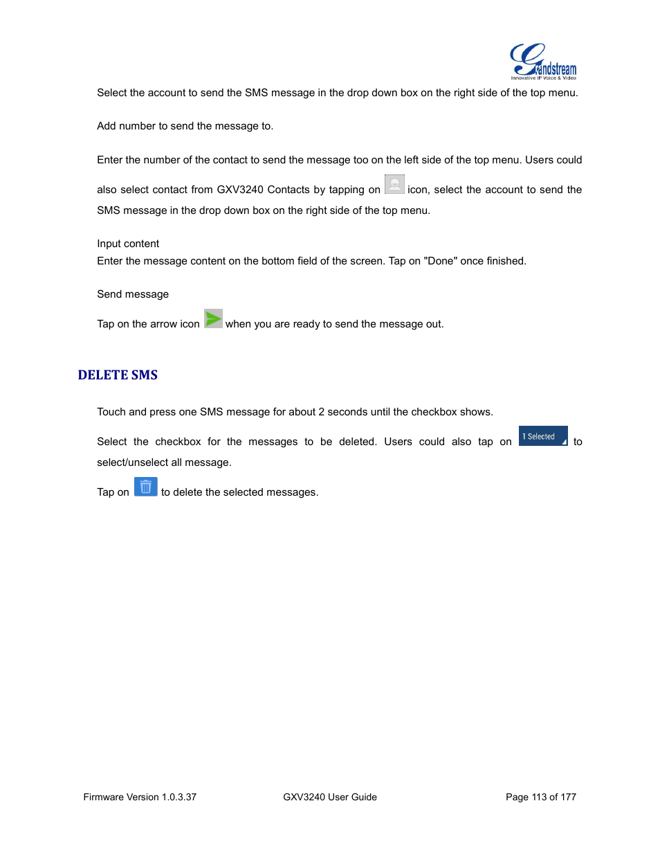 Delete sms | Grandstream GXV3240 User Guide User Manual | Page 115 / 179