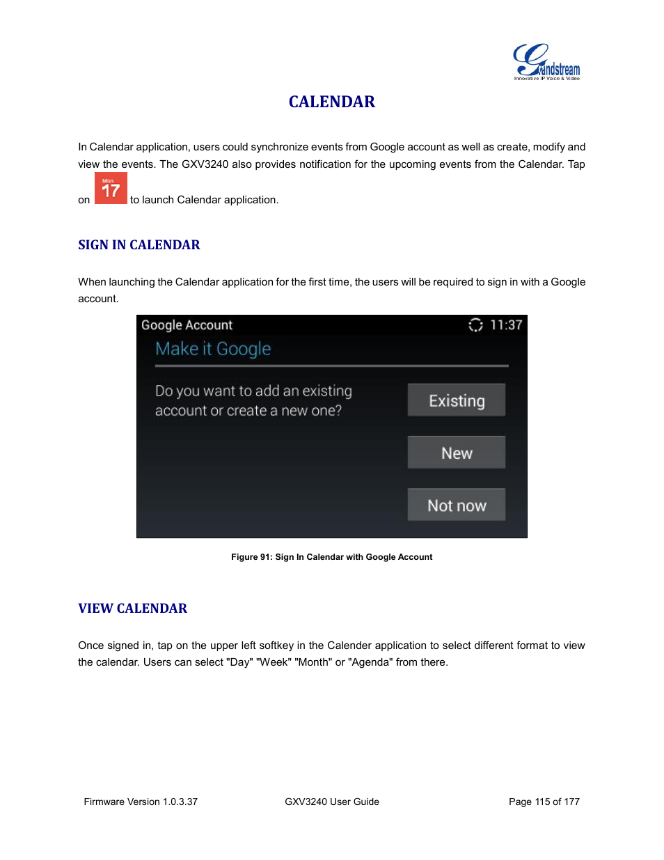 Calendar, Sign in calendar, View calendar | Figure 91: sign in calendar with google account | Grandstream GXV3240 User Guide User Manual | Page 117 / 179