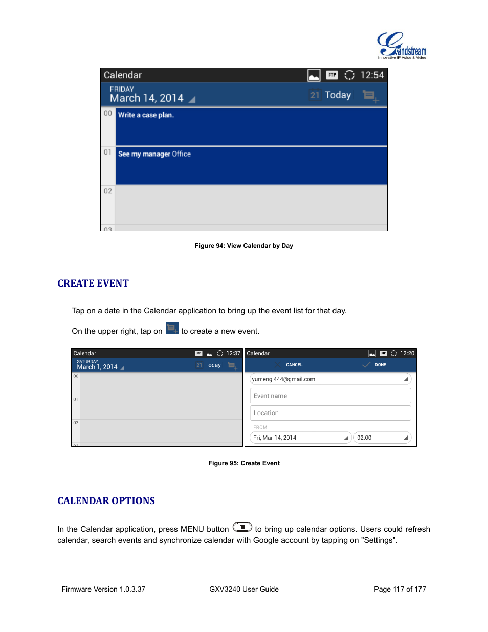 Create event, Calendar options, Figure 94: view calendar by day | Figure 95: create event | Grandstream GXV3240 User Guide User Manual | Page 119 / 179