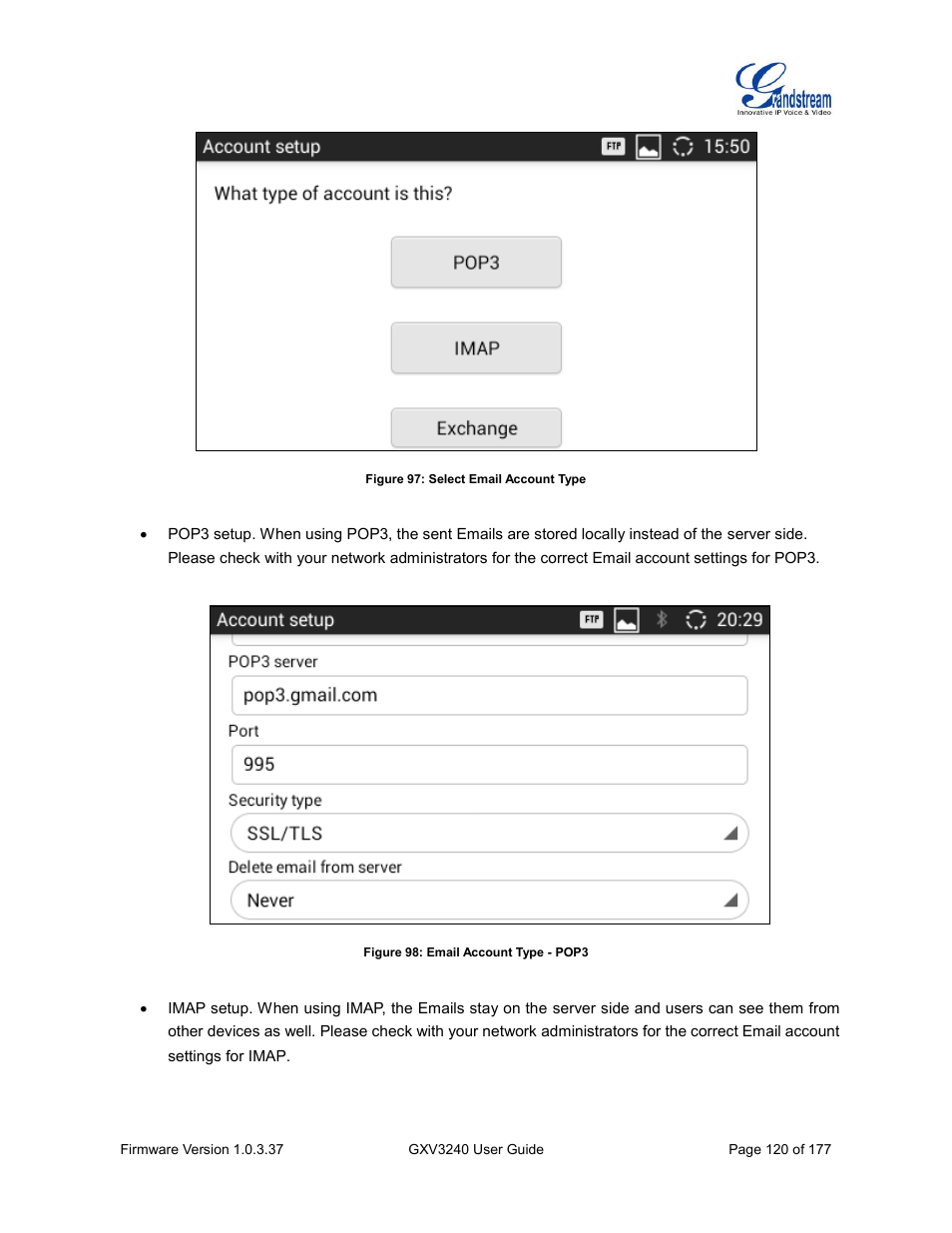 Figure 97: select email account type, Figure 98: email account type - pop3 | Grandstream GXV3240 User Guide User Manual | Page 122 / 179