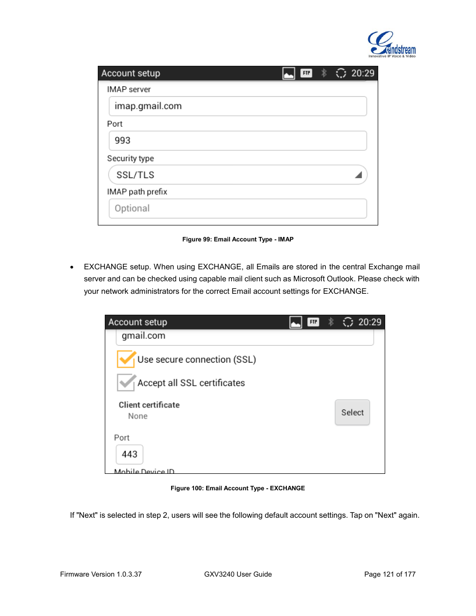 Figure 99: email account type - imap, Figure 100: email account type - exchange | Grandstream GXV3240 User Guide User Manual | Page 123 / 179