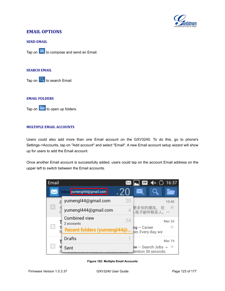 Email options, Send email, Search email | Email folders, Multiple email accounts, Figure 102: multiple email accounts | Grandstream GXV3240 User Guide User Manual | Page 125 / 179