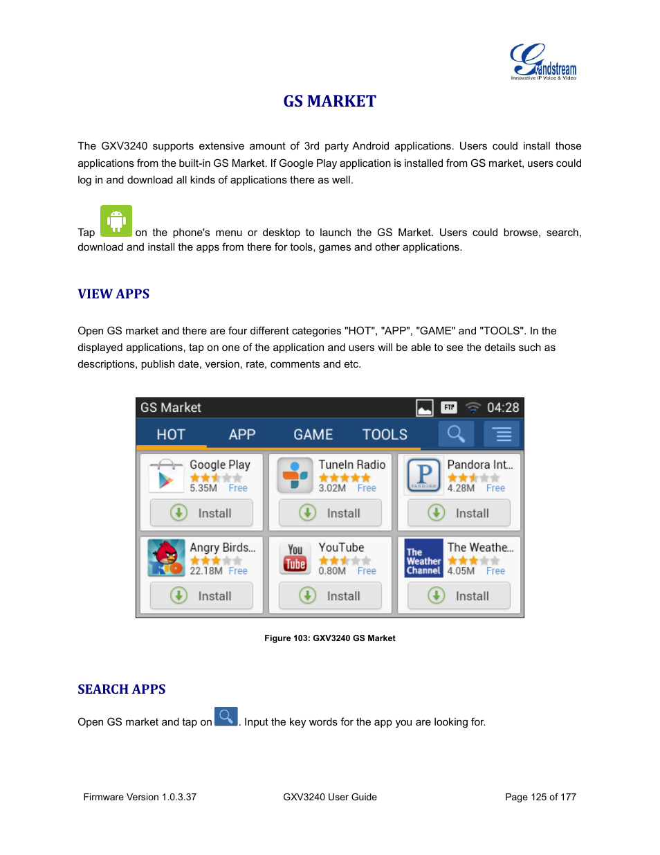 Gs market, View apps, Search apps | Figure 103: gxv3240 gs market | Grandstream GXV3240 User Guide User Manual | Page 127 / 179