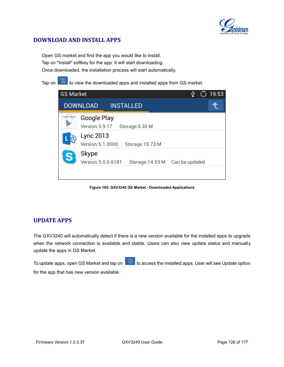 Download and install apps, Update apps | Grandstream GXV3240 User Guide User Manual | Page 128 / 179