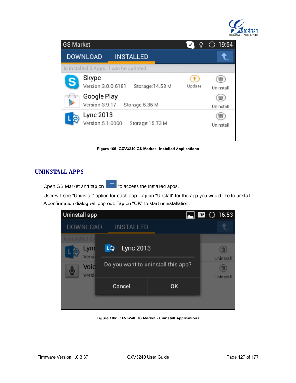Uninstall apps | Grandstream GXV3240 User Guide User Manual | Page 129 / 179