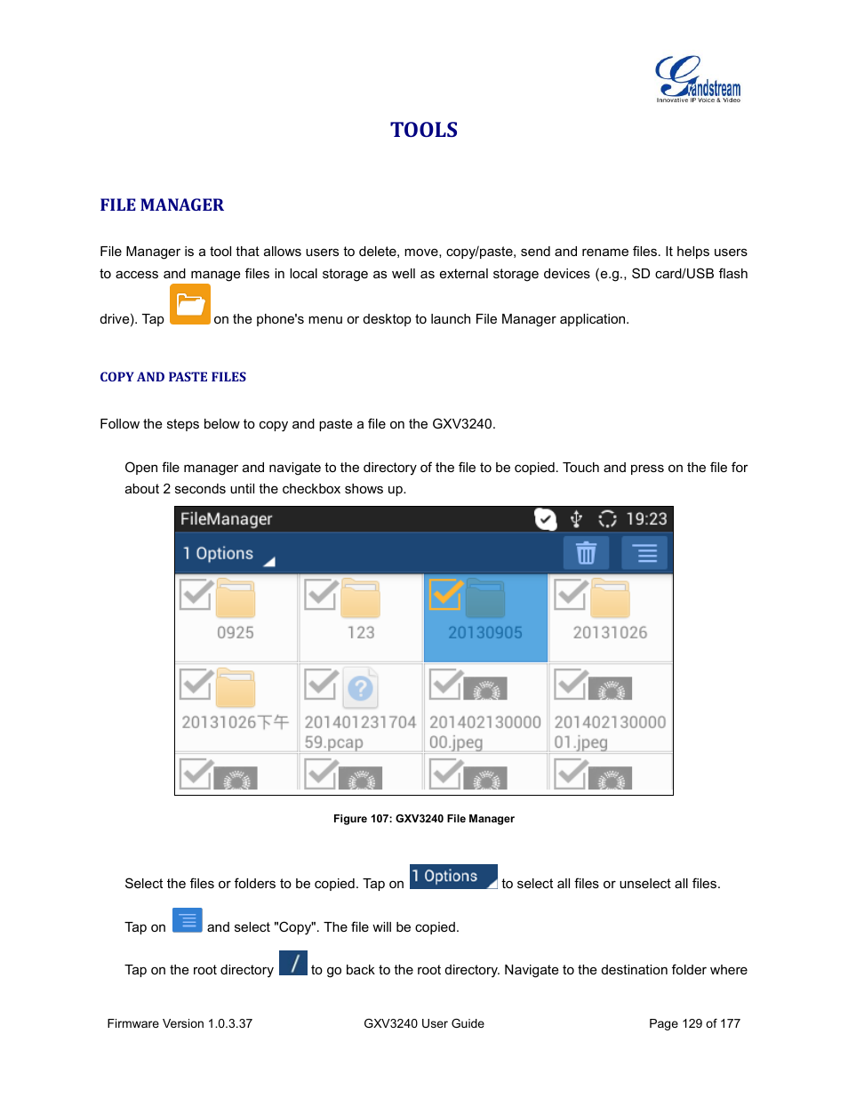 Tools, File manager, Copy and paste files | Figure 107: gxv3240 file manager | Grandstream GXV3240 User Guide User Manual | Page 131 / 179