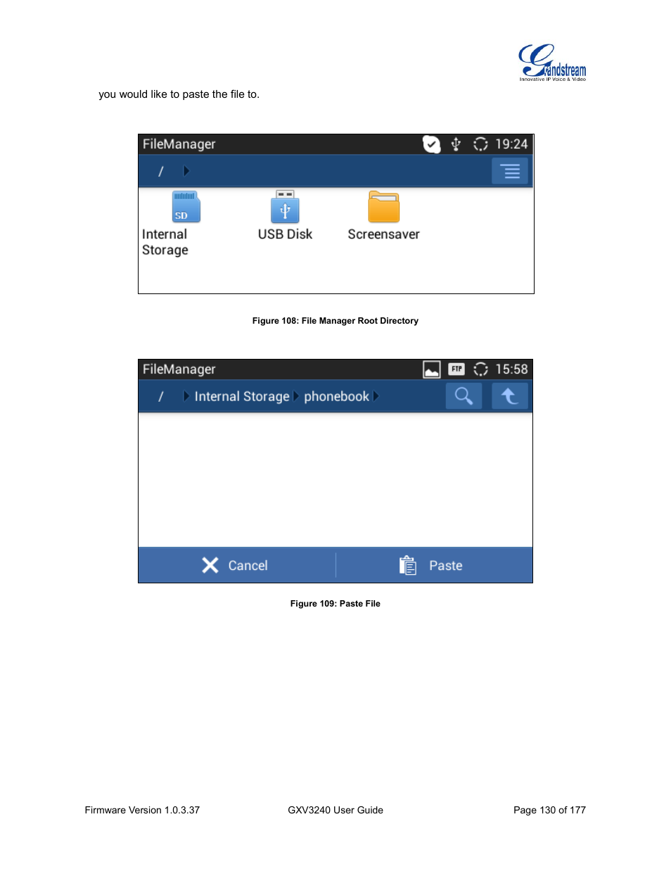 Figure 108: file manager root directory, Figure 109: paste file | Grandstream GXV3240 User Guide User Manual | Page 132 / 179