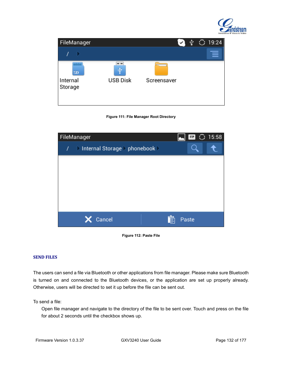 Send files, Figure 111: file manager root directory, Figure 112: paste file | Grandstream GXV3240 User Guide User Manual | Page 134 / 179
