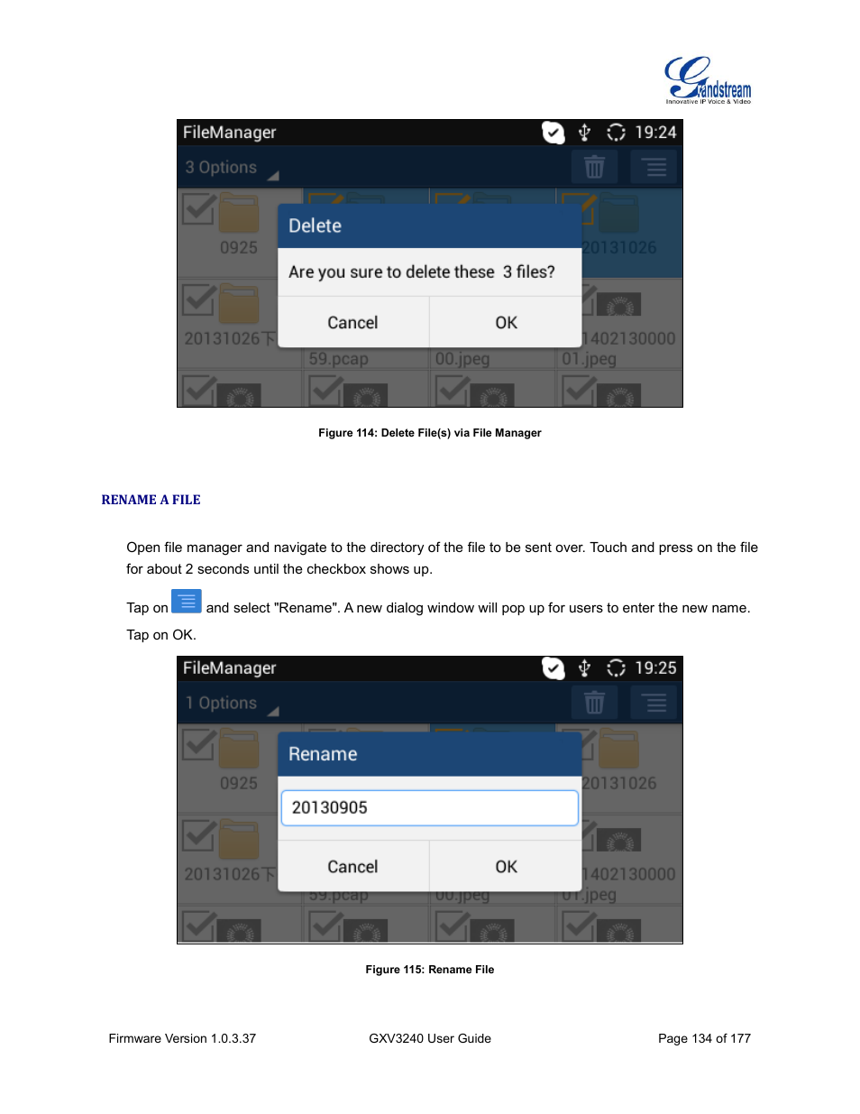 Rename a file, Figure 114: delete file(s) via file manager, Figure 115: rename file | Grandstream GXV3240 User Guide User Manual | Page 136 / 179