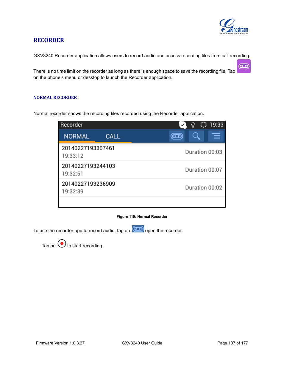 Recorder, Normal recorder, Figure 119: normal recorder | Grandstream GXV3240 User Guide User Manual | Page 139 / 179