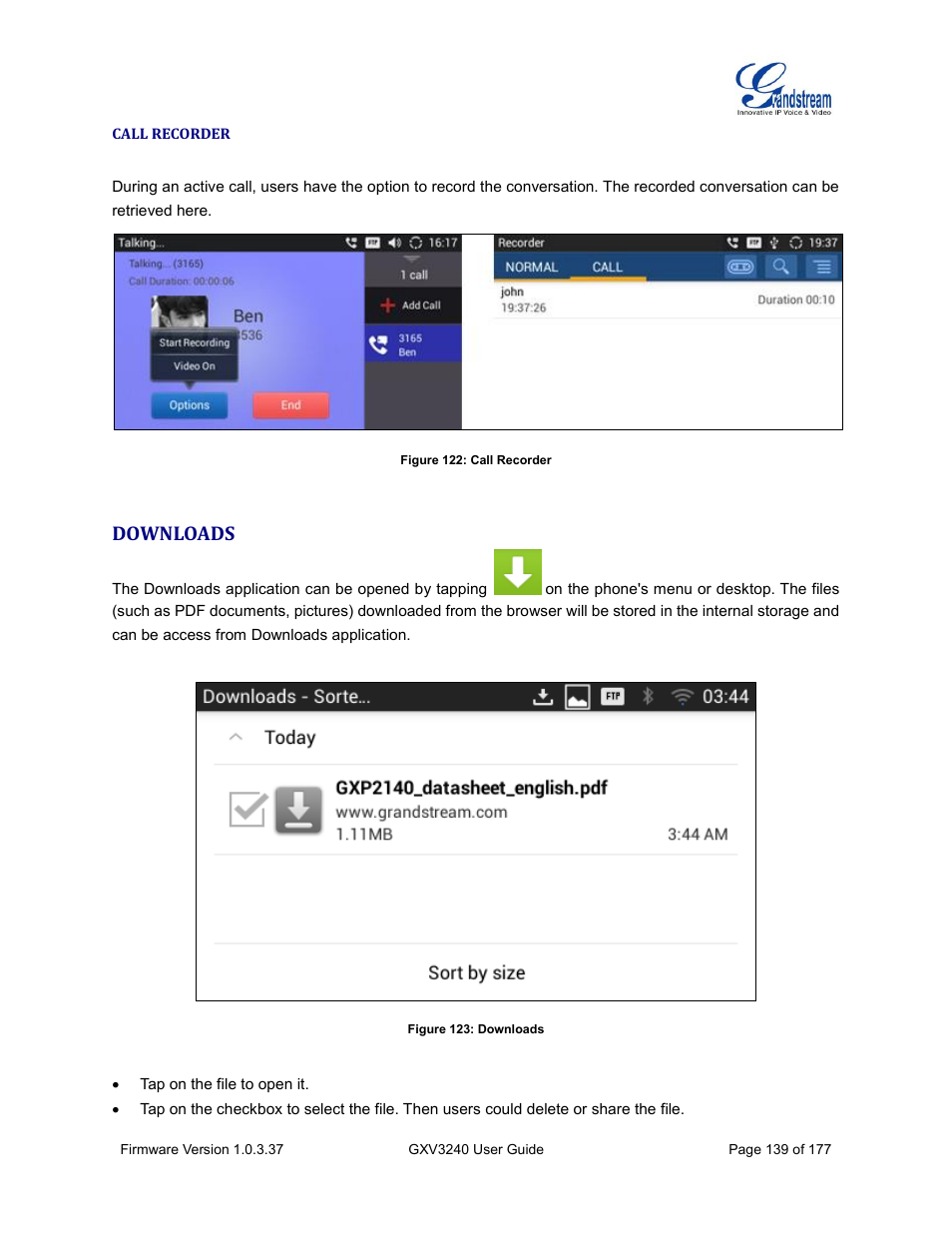 Call recorder, Downloads, Figure 122: call recorder | Figure 123: downloads | Grandstream GXV3240 User Guide User Manual | Page 141 / 179
