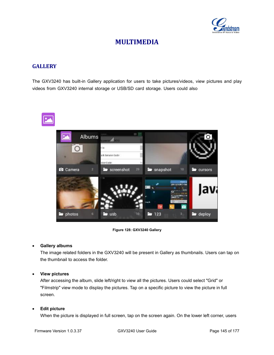 Multimedia, Gallery, Figure 128: gxv3240 gallery | Grandstream GXV3240 User Guide User Manual | Page 147 / 179