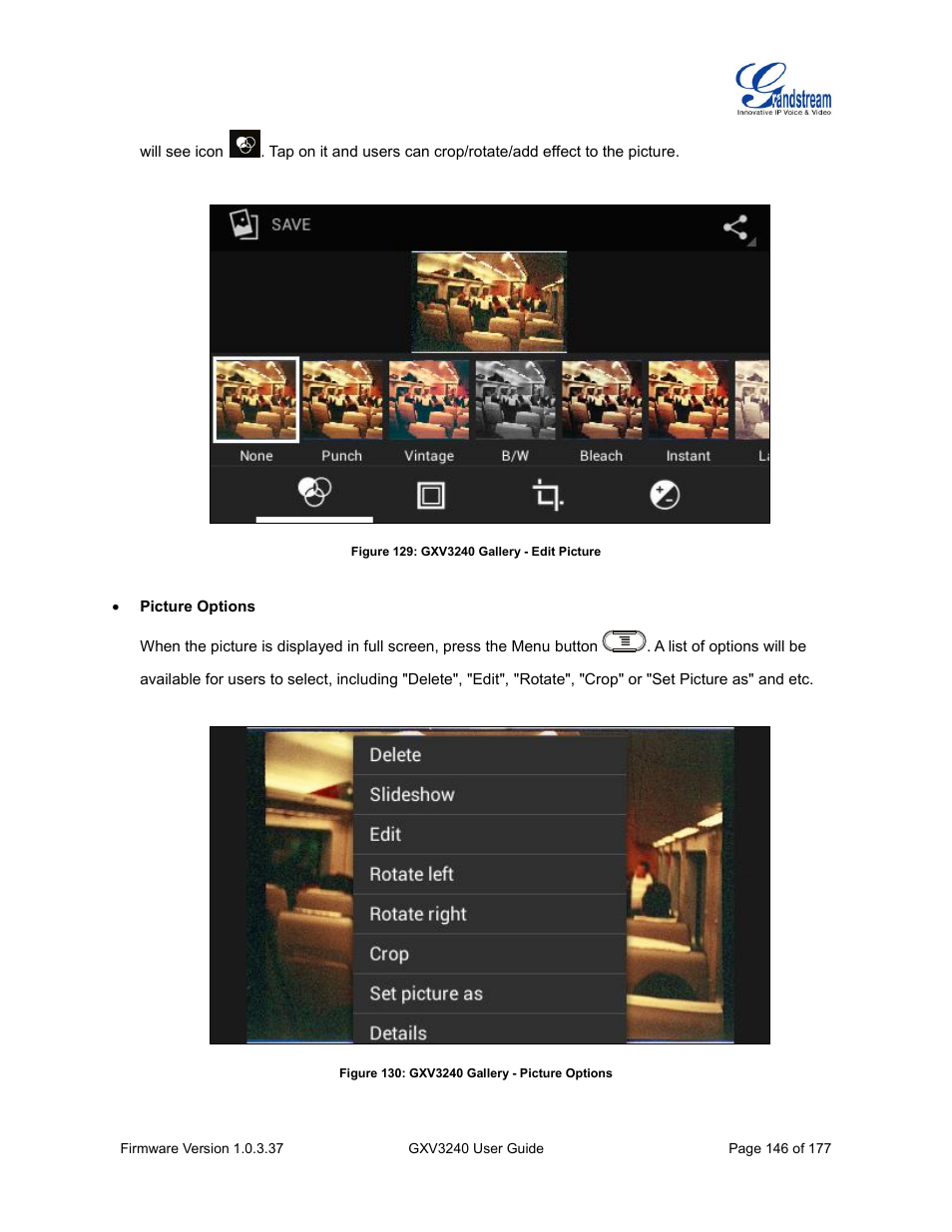 Figure 129: gxv3240 gallery - edit picture, Figure 130: gxv3240 gallery - picture options | Grandstream GXV3240 User Guide User Manual | Page 148 / 179