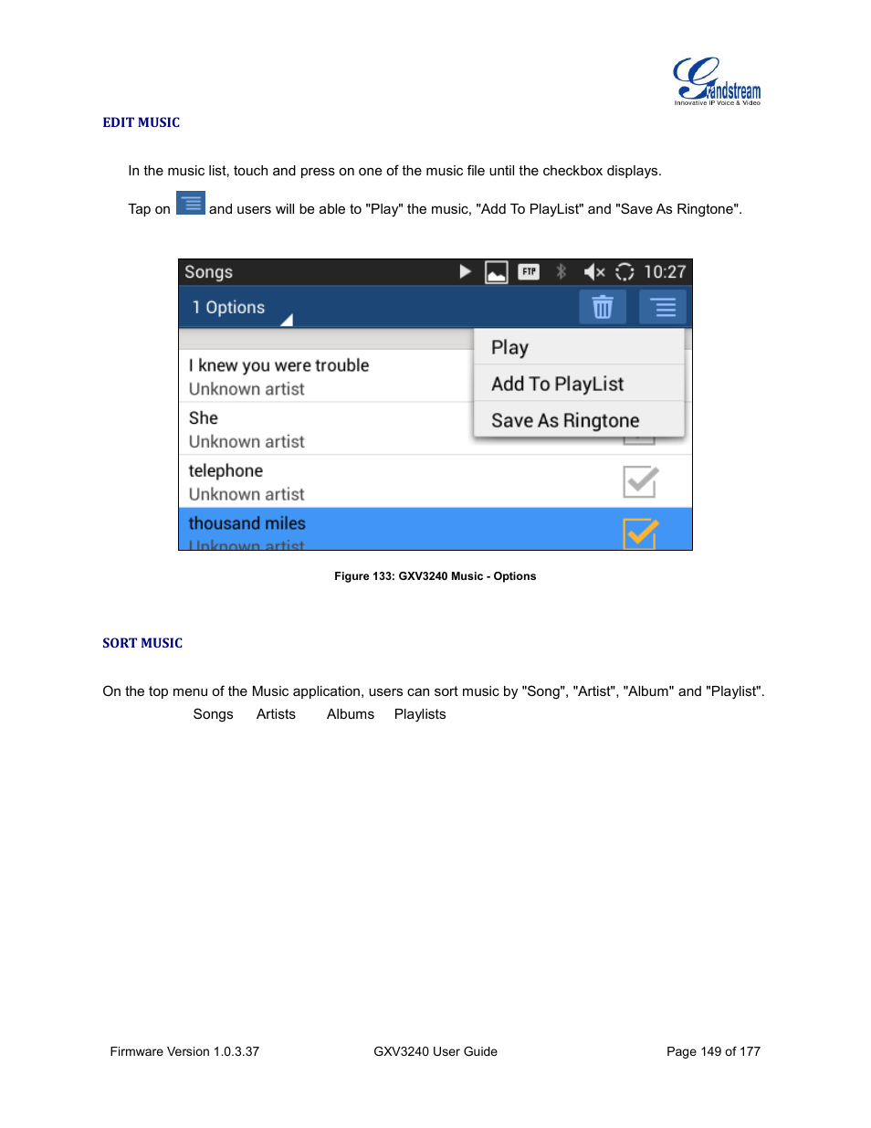 Edit music, Sort music, Figure 133: gxv3240 music - options | Grandstream GXV3240 User Guide User Manual | Page 151 / 179