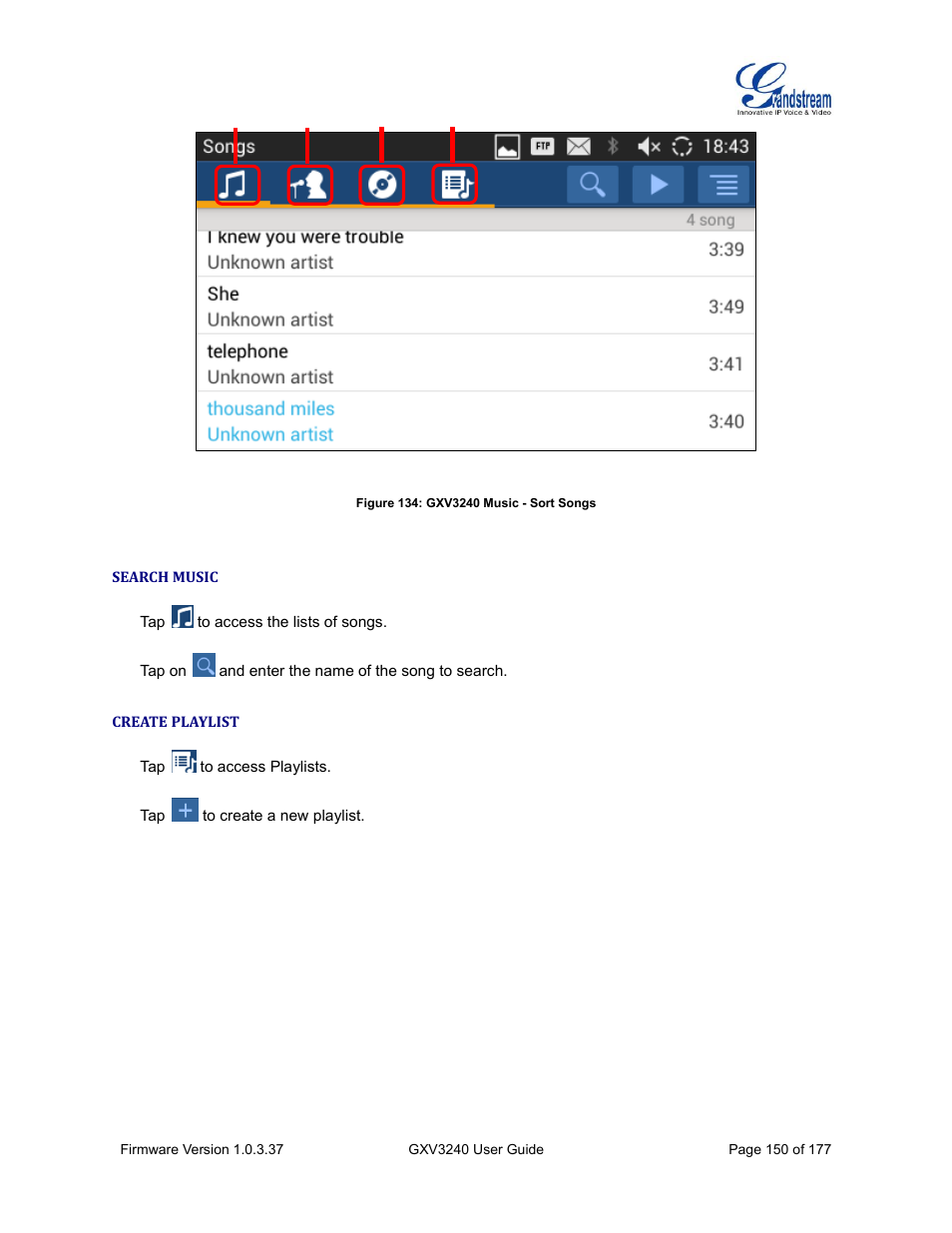 Search music, Create playlist, Figure 134: gxv3240 music - sort songs | Grandstream GXV3240 User Guide User Manual | Page 152 / 179