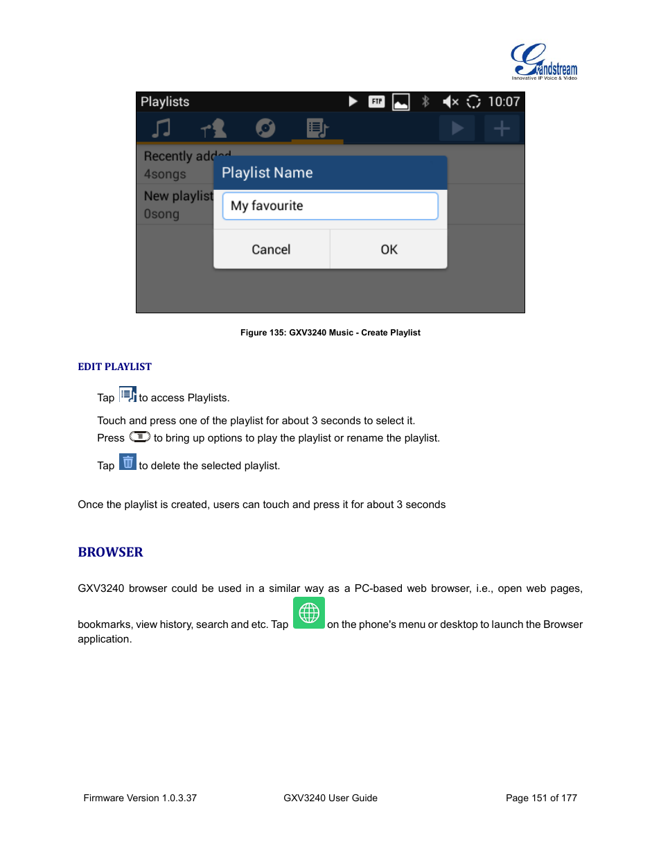 Edit playlist, Browser, Figure 135: gxv3240 music - create playlist | Grandstream GXV3240 User Guide User Manual | Page 153 / 179