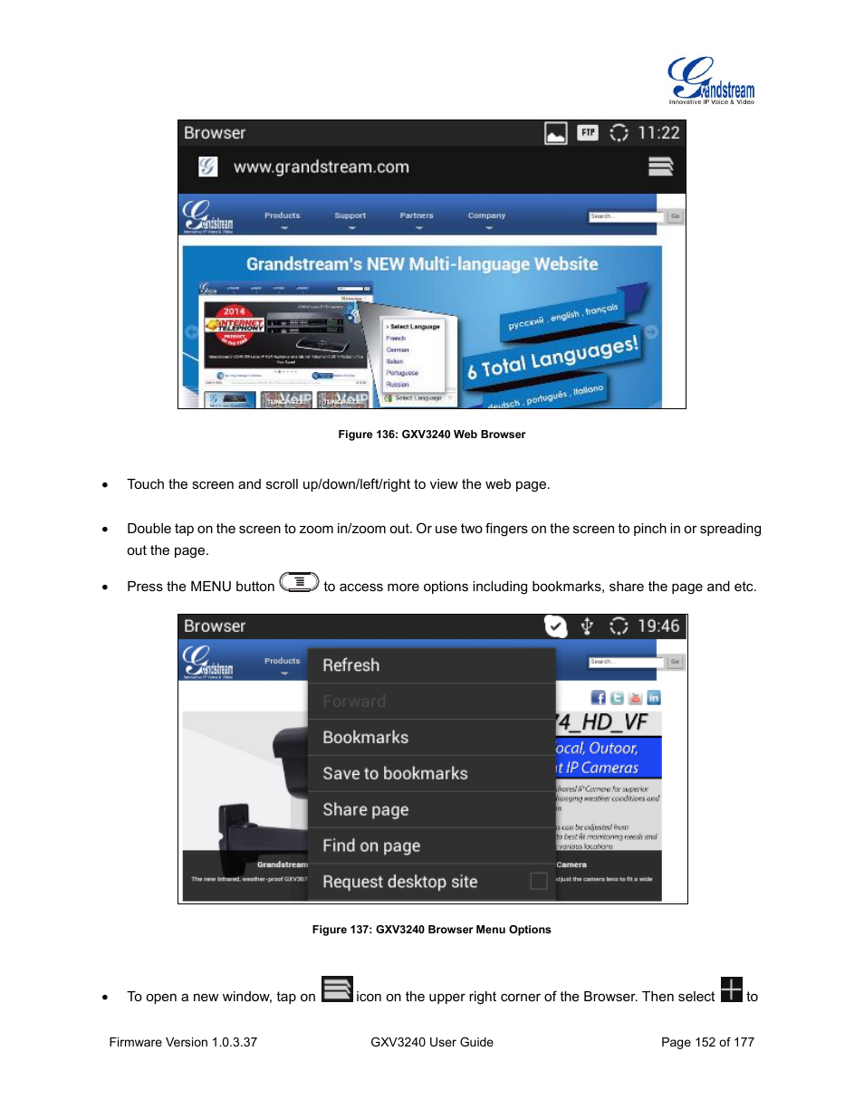 Figure 136: gxv3240 web browser, Figure 137: gxv3240 browser menu options | Grandstream GXV3240 User Guide User Manual | Page 154 / 179