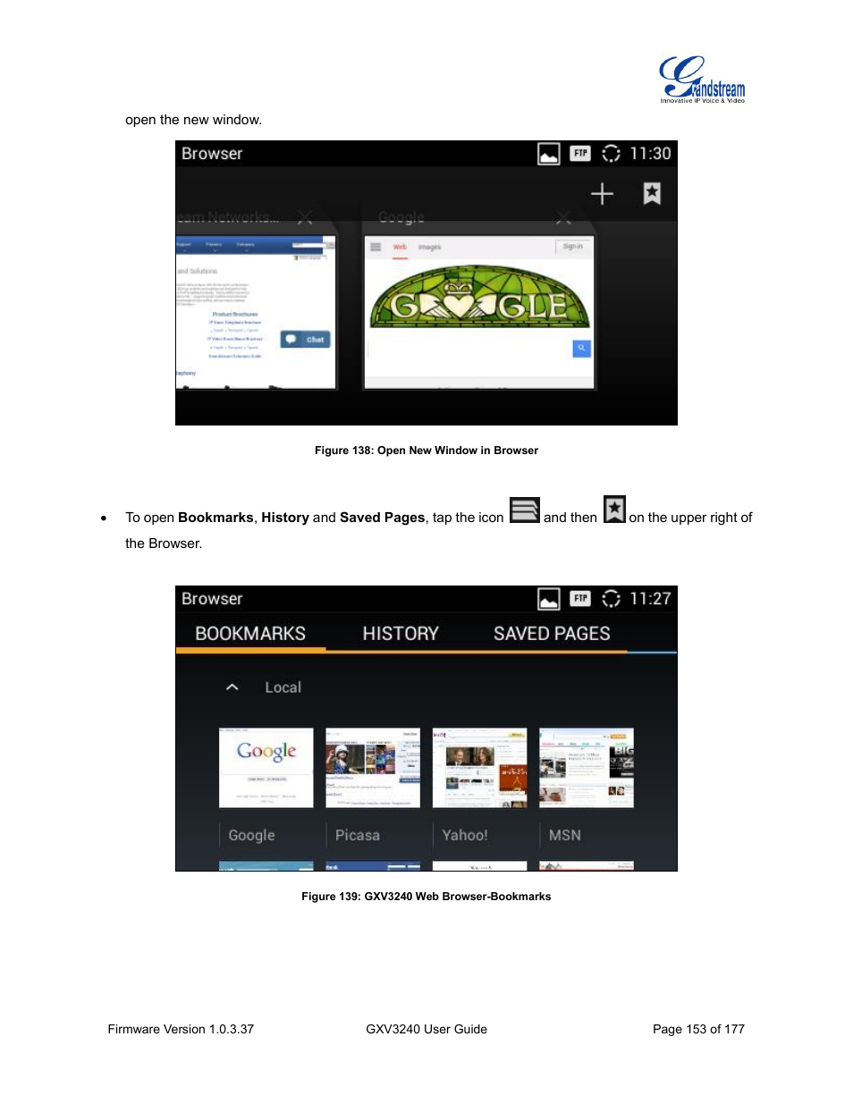 Figure 138: open new window in browser, Figure 139: gxv3240 web browser-bookmarks | Grandstream GXV3240 User Guide User Manual | Page 155 / 179