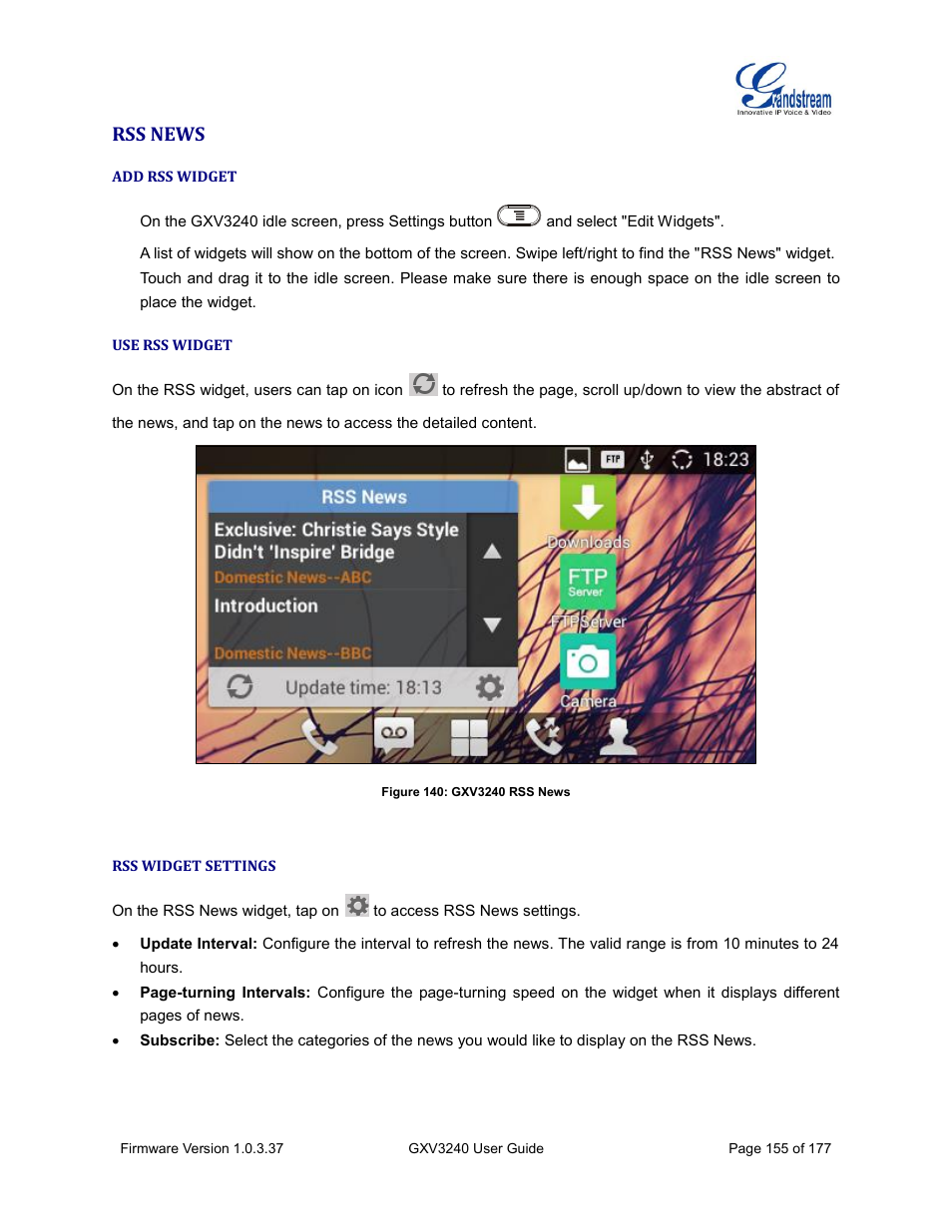 Rss news, Add rss widget, Use rss widget | Rss widget settings, Figure 140: gxv3240 rss news | Grandstream GXV3240 User Guide User Manual | Page 157 / 179