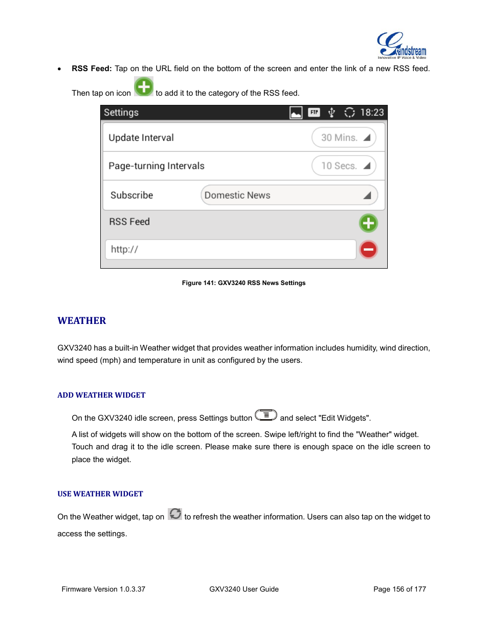 Weather, Add weather widget, Use weather widget | Figure 141: gxv3240 rss news settings | Grandstream GXV3240 User Guide User Manual | Page 158 / 179