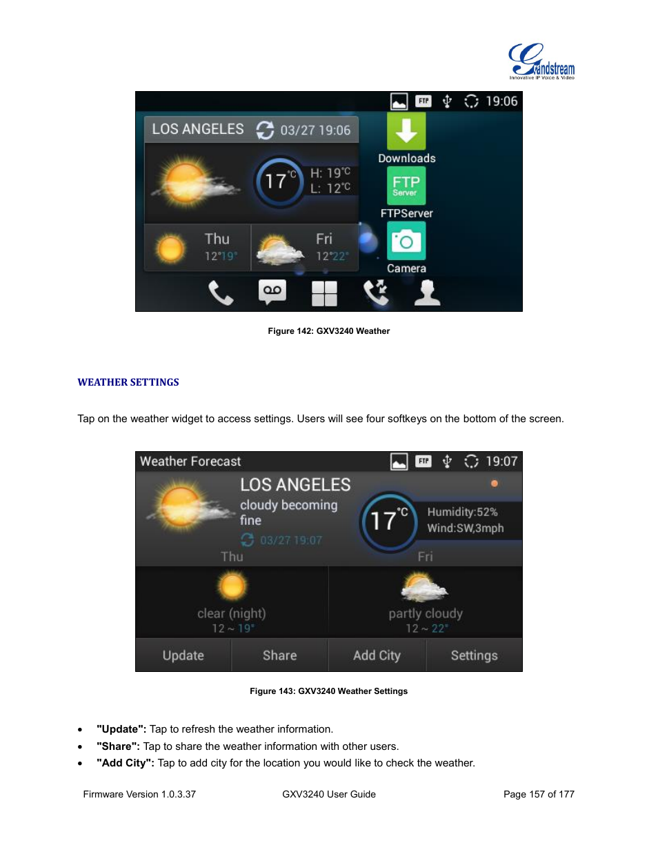 Weather settings, Figure 142: gxv3240 weather, Figure 143: gxv3240 weather settings | Grandstream GXV3240 User Guide User Manual | Page 159 / 179