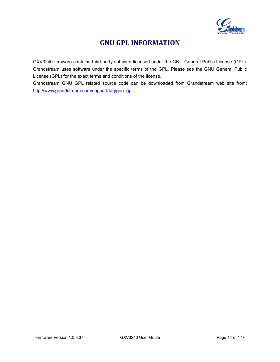 Gnu gpl information | Grandstream GXV3240 User Guide User Manual | Page 16 / 179