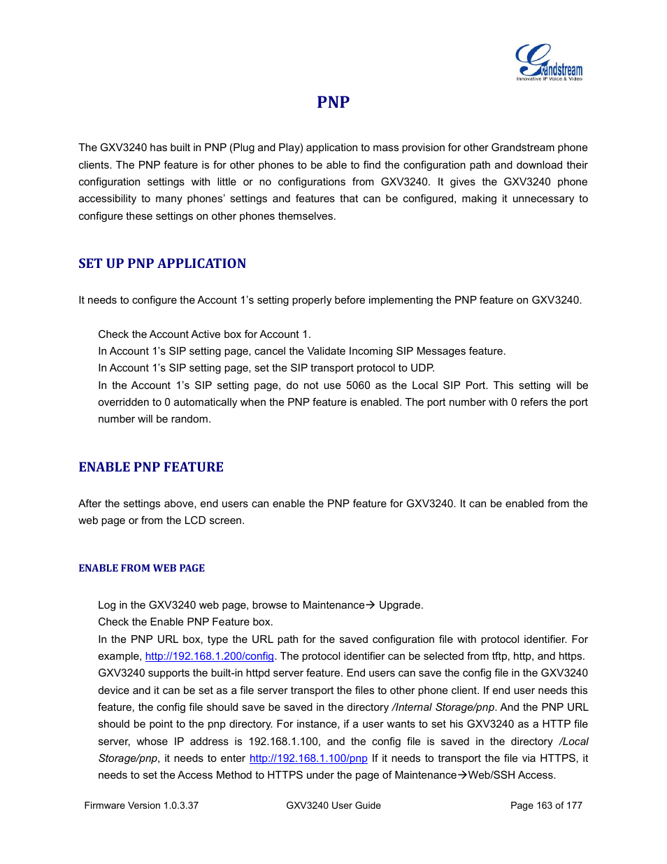 Set up pnp application, Enable pnp feature | Grandstream GXV3240 User Guide User Manual | Page 165 / 179