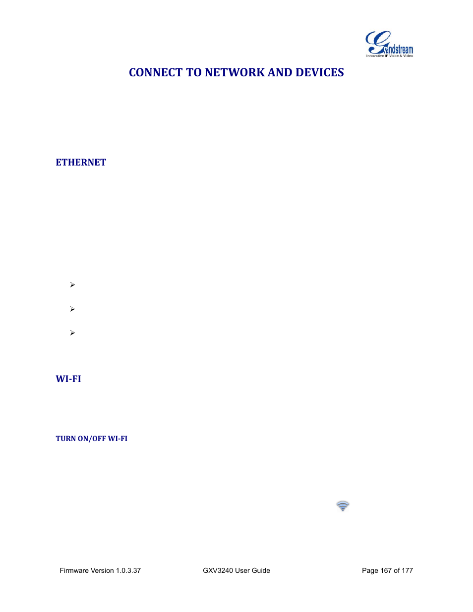 Connect to network and devices, Ethernet, Wi-fi | Turn on/off wi-fi | Grandstream GXV3240 User Guide User Manual | Page 169 / 179