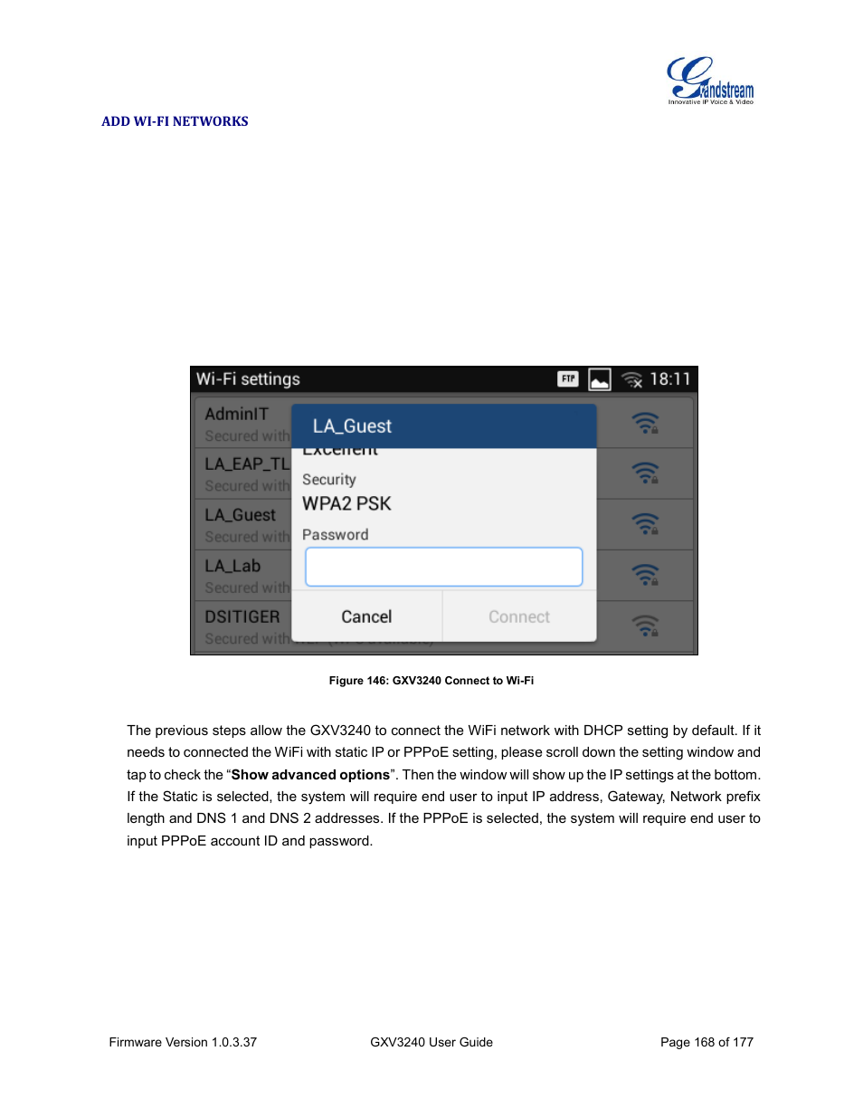 Add wi-fi networks, Figure 146: gxv3240 connect to wi-fi | Grandstream GXV3240 User Guide User Manual | Page 170 / 179