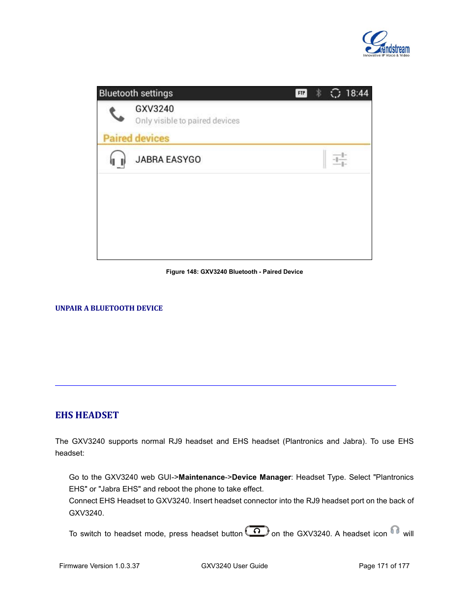 Unpair a bluetooth device, Ehs headset, Figure 148: gxv3240 bluetooth - paired device | Grandstream GXV3240 User Guide User Manual | Page 173 / 179