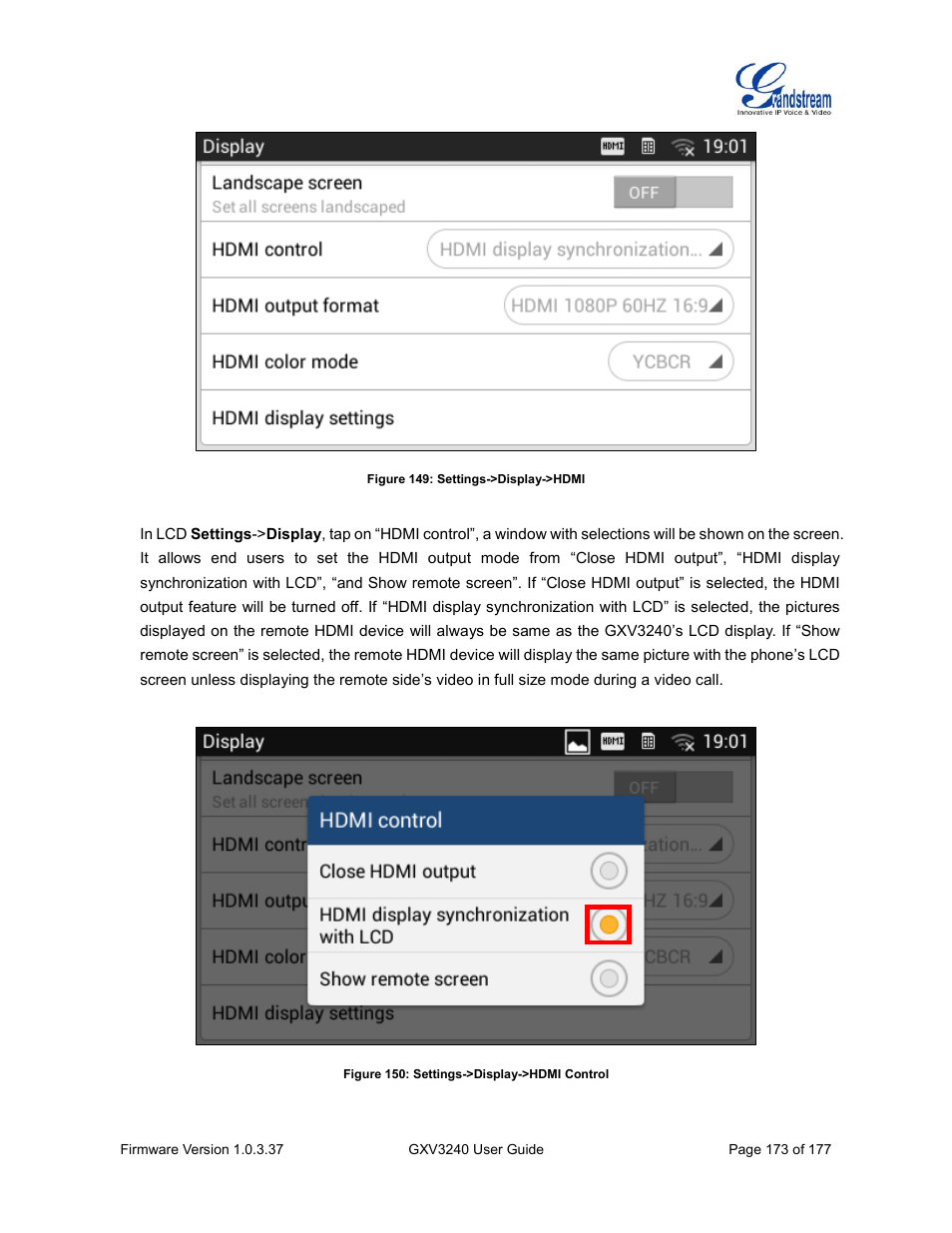 Figure 149: settings->display->hdmi, Figure 150: settings->display->hdmi control | Grandstream GXV3240 User Guide User Manual | Page 175 / 179