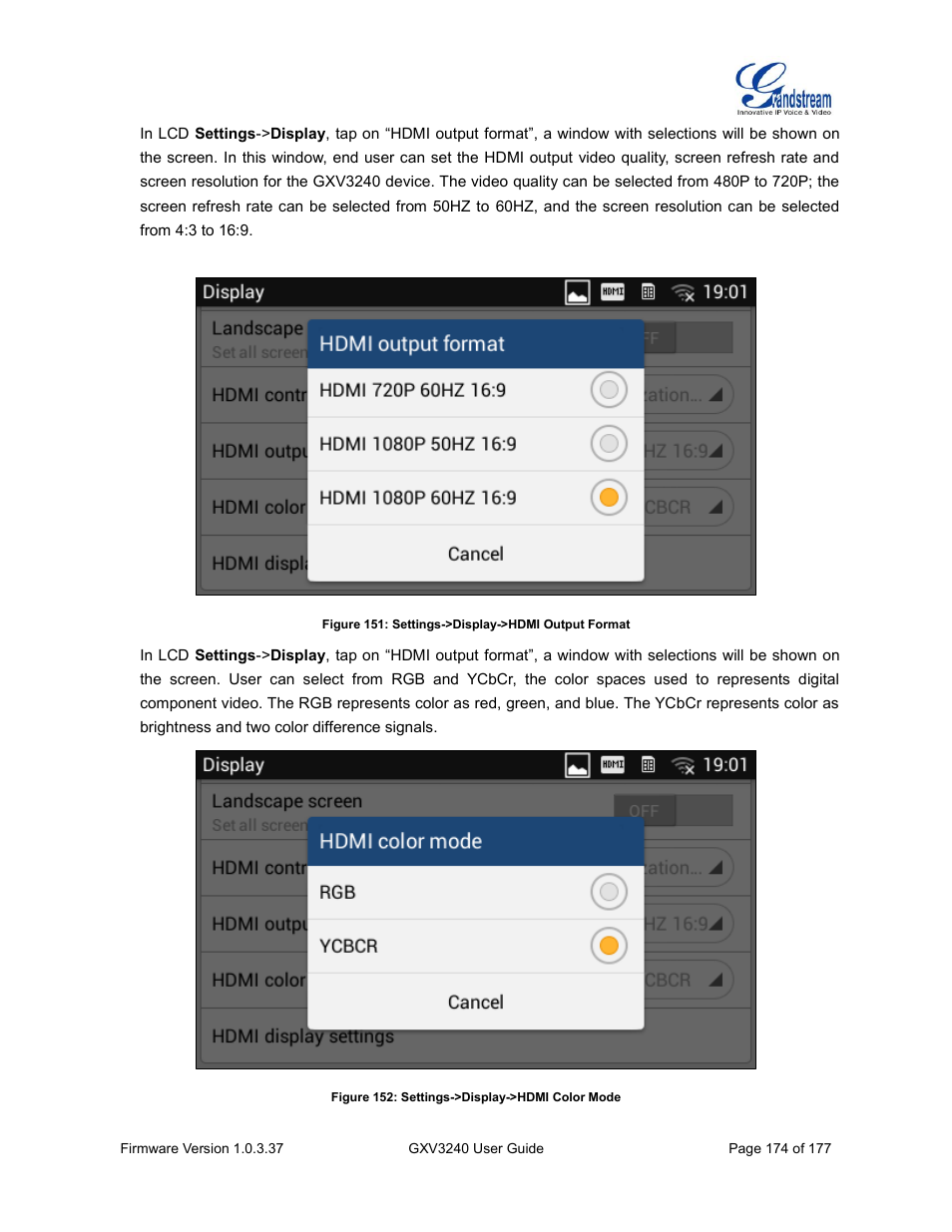 Figure 151: settings->display->hdmi output format, Figure 152: settings->display->hdmi color mode | Grandstream GXV3240 User Guide User Manual | Page 176 / 179