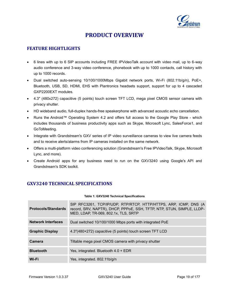 Product overview, Feature hightlights, Gxv3240 technical specifications | Table 1: gxv3240 technical specifications | Grandstream GXV3240 User Guide User Manual | Page 21 / 179