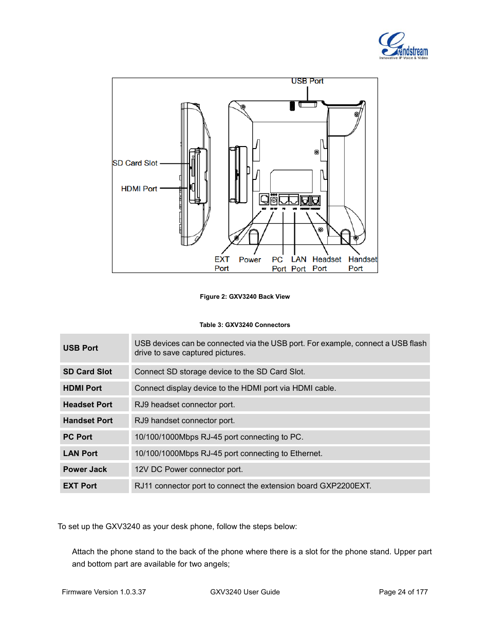 Table 3: gxv3240 connectors, Figure 2: gxv3240 back view | Grandstream GXV3240 User Guide User Manual | Page 26 / 179