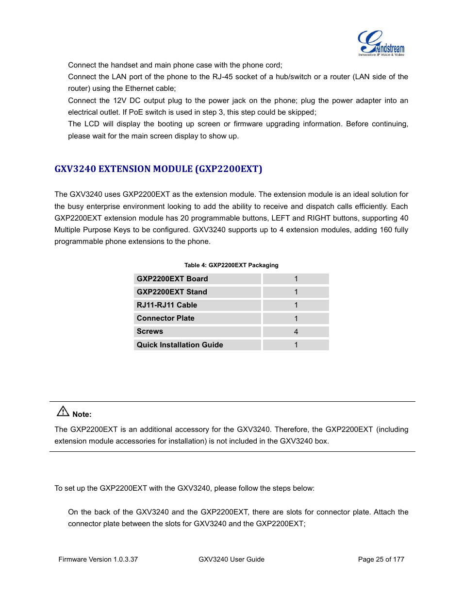 Gxv3240 extension module (gxp2200ext), Table 4: gxp2200ext packaging | Grandstream GXV3240 User Guide User Manual | Page 27 / 179