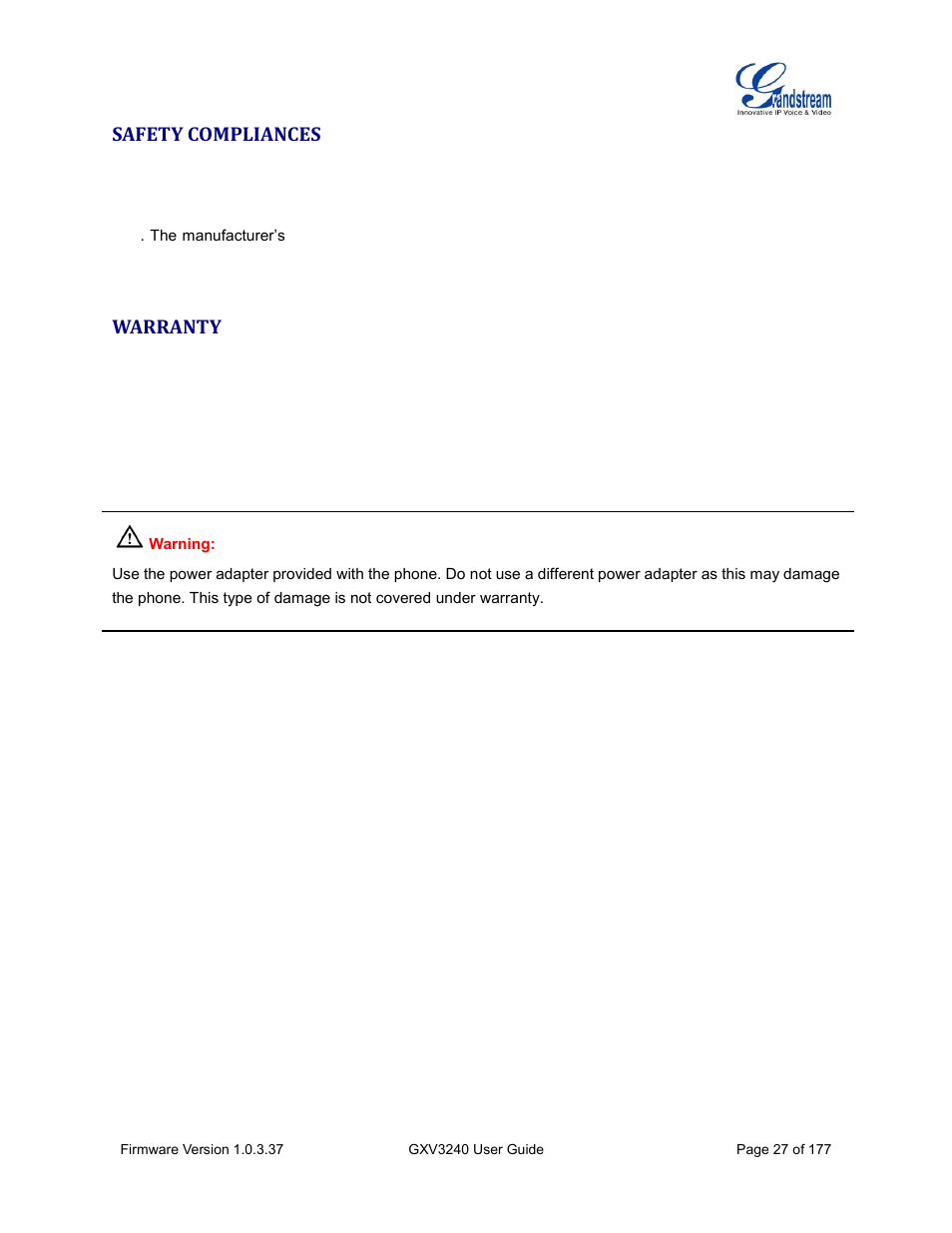 Safety compliances, Warranty | Grandstream GXV3240 User Guide User Manual | Page 29 / 179