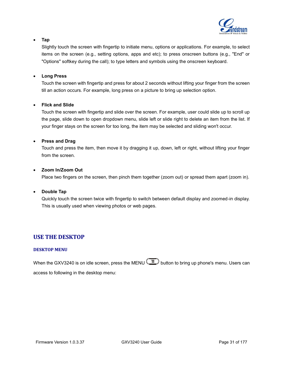 Use the desktop, Desktop menu | Grandstream GXV3240 User Guide User Manual | Page 33 / 179