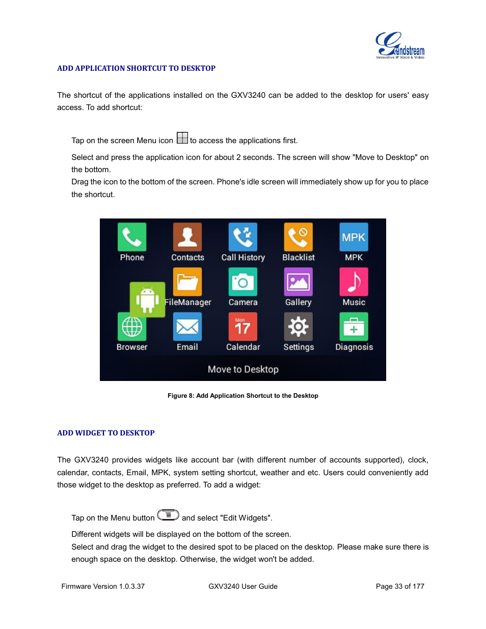 Add application shortcut to desktop, Add widget to desktop, Figure 8: add application shortcut to the desktop | Grandstream GXV3240 User Guide User Manual | Page 35 / 179