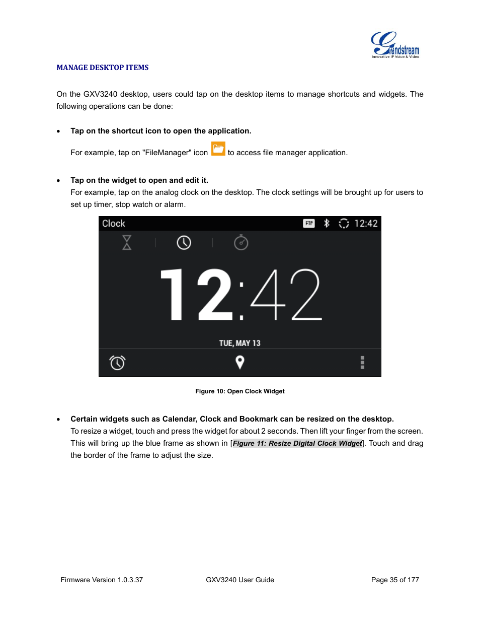 Manage desktop items, Figure 10: open clock widget | Grandstream GXV3240 User Guide User Manual | Page 37 / 179