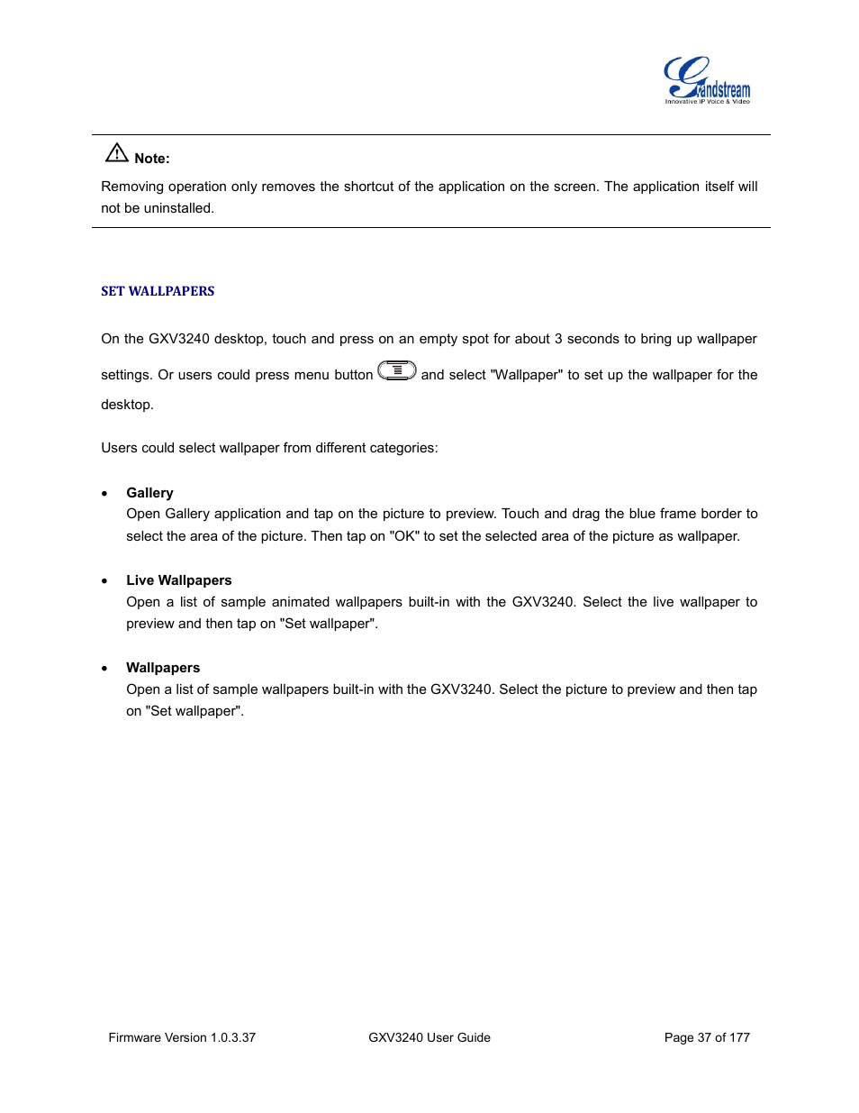 Set wallpapers | Grandstream GXV3240 User Guide User Manual | Page 39 / 179