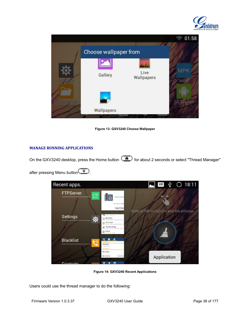 Manage running applications, Figure 13: gxv3240 choose wallpaper, Figure 14: gxv3240 recent applications | Manage, Running applications | Grandstream GXV3240 User Guide User Manual | Page 40 / 179