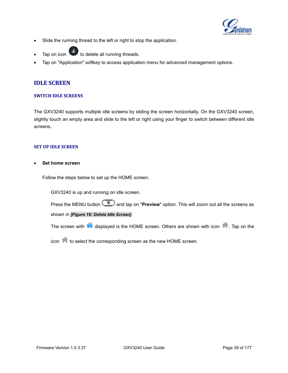 Idle screen, Switch idle screens, Set up idle screen | Grandstream GXV3240 User Guide User Manual | Page 41 / 179