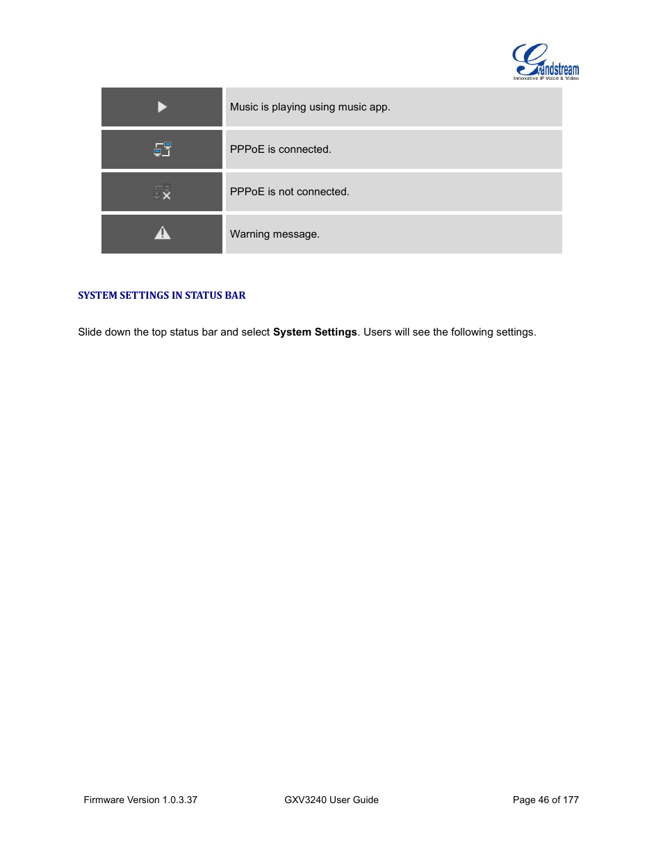System settings in status bar | Grandstream GXV3240 User Guide User Manual | Page 48 / 179