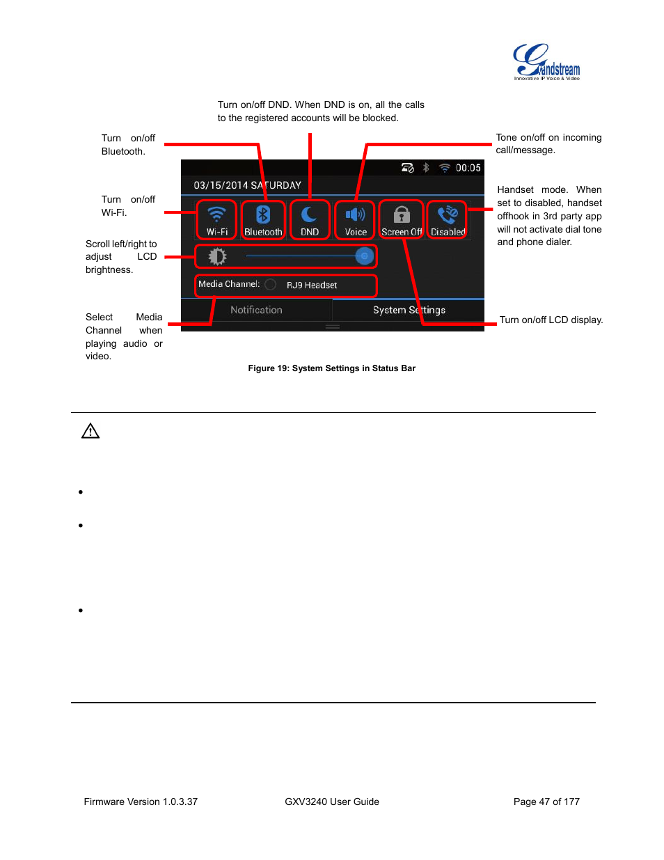 Figure 19: system settings in status bar | Grandstream GXV3240 User Guide User Manual | Page 49 / 179