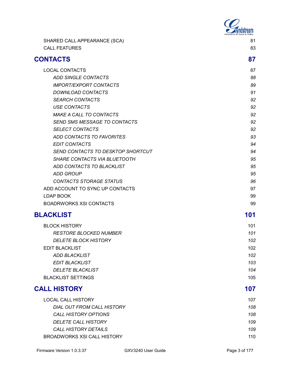 Contacts, Blacklist, Call history | Grandstream GXV3240 User Guide User Manual | Page 5 / 179
