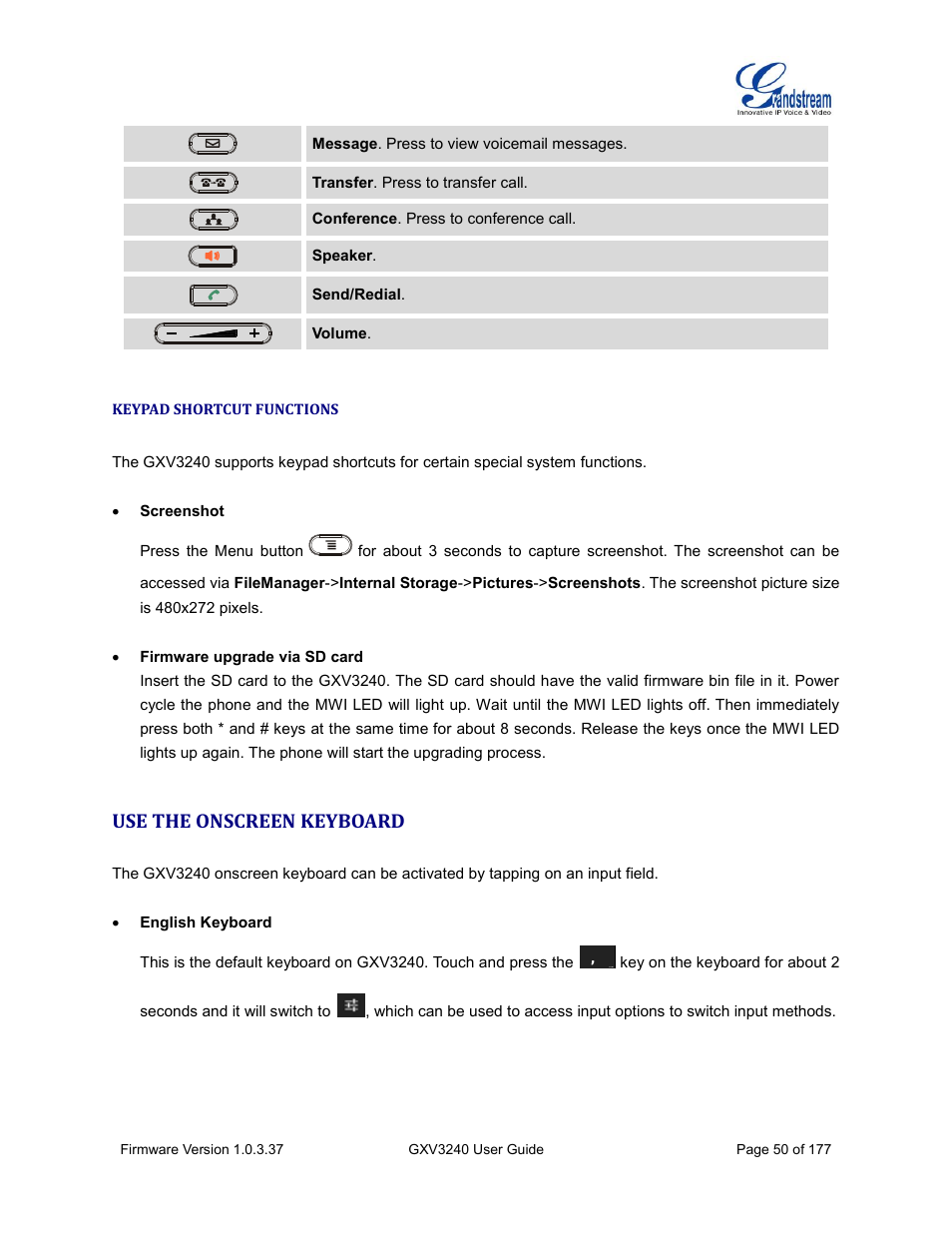 Keypad shortcut functions, Use the onscreen keyboard | Grandstream GXV3240 User Guide User Manual | Page 52 / 179