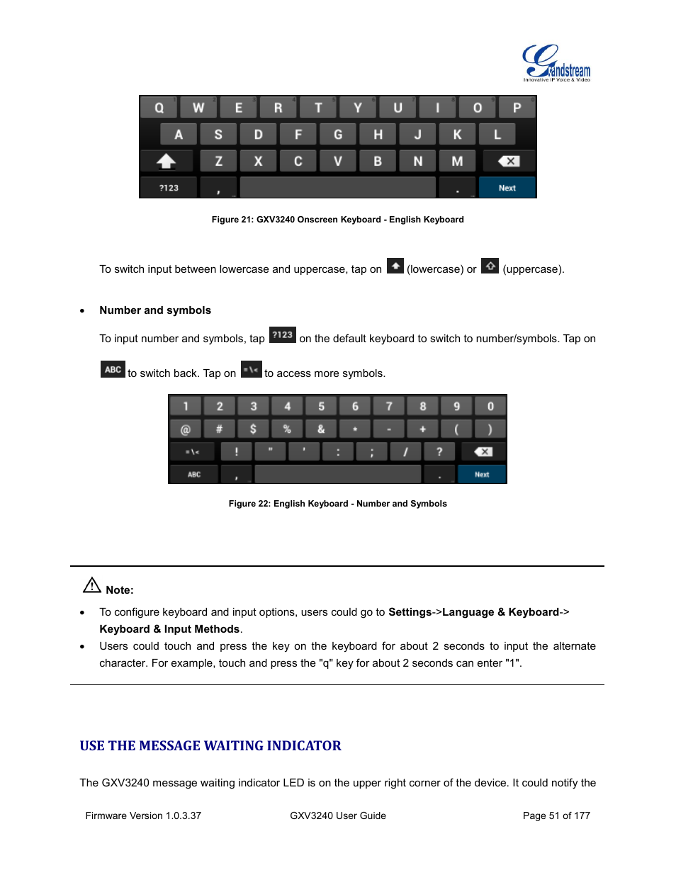 Use the message waiting indicator, Figure 22: english keyboard - number and symbols | Grandstream GXV3240 User Guide User Manual | Page 53 / 179