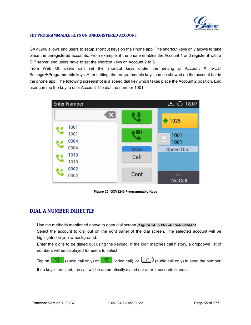 Set programmable keys on unregistered account, Dial a number directly, Figure 25: gxv3240 programmable keys | Grandstream GXV3240 User Guide User Manual | Page 57 / 179