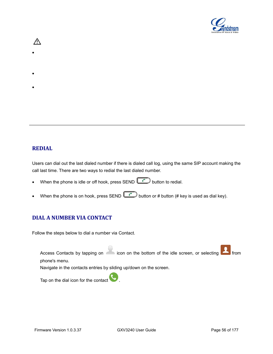 Redial, Dial a number via contact | Grandstream GXV3240 User Guide User Manual | Page 58 / 179